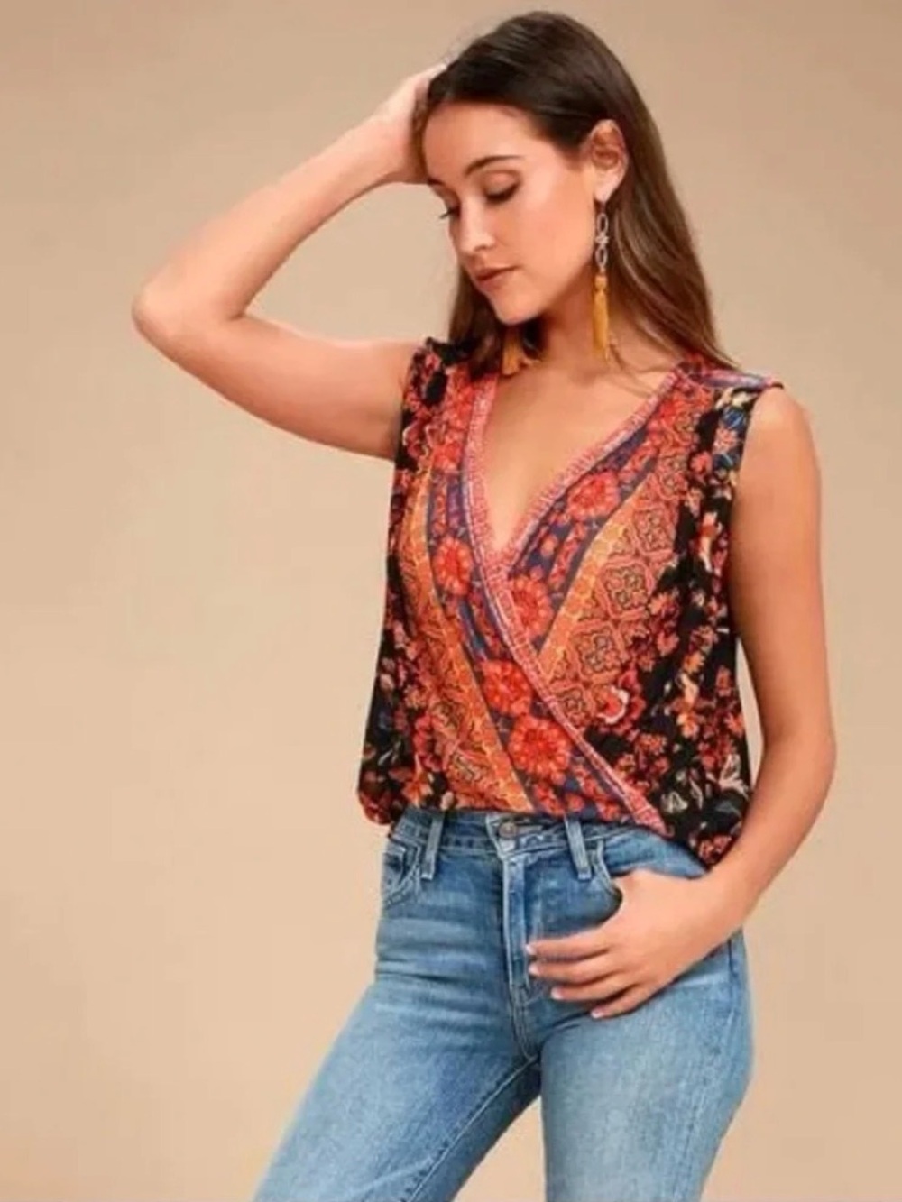 Free People Sleeveless V-Neck Wrap Floral Print Top in Black and Rust
